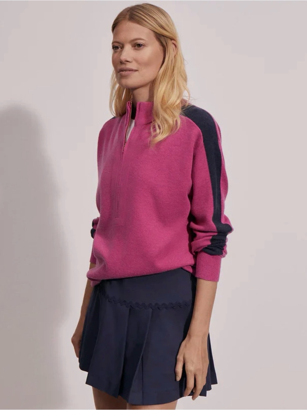 Varley Fuchsia Half-Zip Sweater with Navy Shoulder Stripe